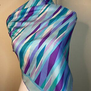 Vintage 70's Silk Turquoise & Purple Psychedelic Geometric Design Scarf 35x35"